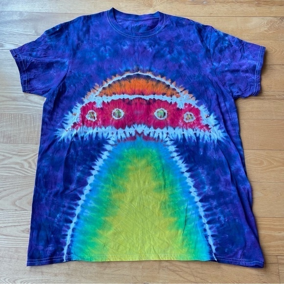 Tie dye double design UFO tractor beam and alien tshirt unisex 2XL crew blue - Picture 3 of 8